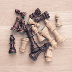 Group of chess pieces from above. Concept of strategy, teamwork and teambuilding.