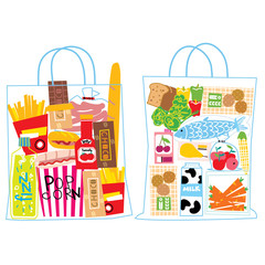 Junk food and healthy food bags. Junk food vs health food. Vector illustration