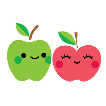 Go vegan poster. Two flirting apple characters. Apple boy and apple girl characters. Vector illustration
