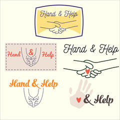 Image Set handshakes and hands holding the heart of the thin lines with text. Relationships people vector illustration