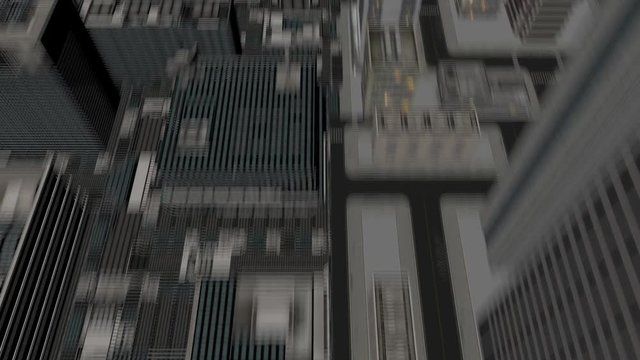 Abstract animation of a camera moving among wireframe city buildings
