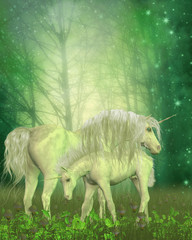 White Unicorn Family - A small unicorn colt investigates the forest vegetation as his mother stands protectively over him.