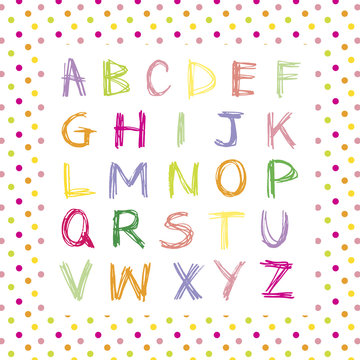 Colored hand drawn alphabet on polka dot background.