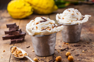 Homemade ice cream with chocolate and hazelnuts
