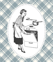 Retro housewife cooking in her kitchen vector image