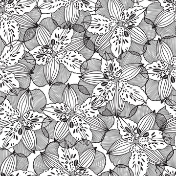 Black and white seamless pattern with irises. Hand-drawn floral background