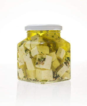Bottle of Feta cheese with olive oil