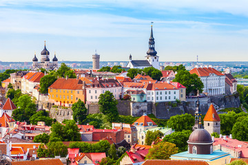 View from tower of Saint Olaf Church on old city of Tallinn and - obrazy, fototapety, plakaty