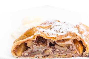 Delicious strudel with apple and walnuts.