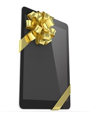 Black tablet with golden bow. 3D rendering.