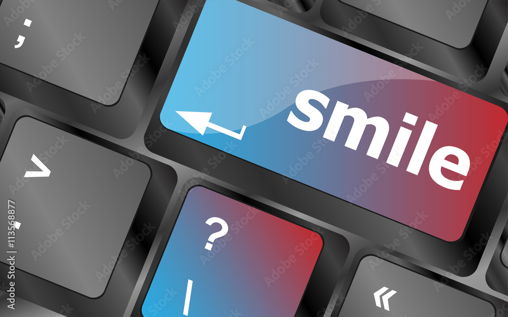 Poster computer keyboard with smile words on key - business concept . keyboard keys. vector illustration
