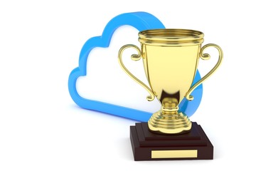 Isoalted golden cup with cloud on white background. Blue contour cloud. Concept of cloud storage competition. Leader cloud drive. Best storage contest. 3D rendering.
