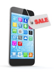 Smart phone with red sale label on white background. Best offer. Leader of sales. 3D rendering.