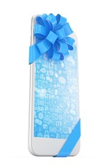 White phone with blue bow and blue screen. 3D rendering.
