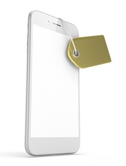White smart phone with golden price tag on white background. Identification, price, label. Luxury and expensive offer. 3D rendering.
