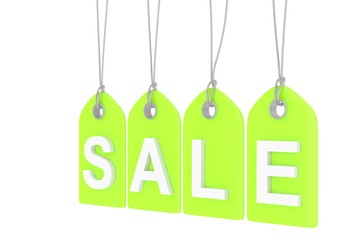 Green isolated sale labels on white background. Price tags. Special offer and promotion. Store discount. Shopping time. 3D rendering.
