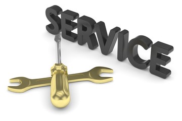 gold screwdriver and wrench tools on white background. service concept. 3D Rendering.