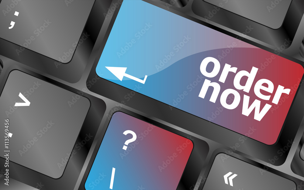 Poster order now computer key showing online purchases and shopping . keyboard keys. vector illustration