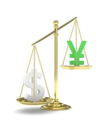 Isolated old fashioned pan scale with dollar and yuan,yen on white background. American and chinese and japanese currency. Dollar is heavier. Silver usd, green yuan. 3D rendering.