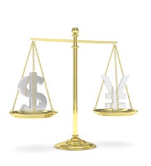 Isolated old fashioned pan scale with dollar and yuan,yen on white background. American and chinese and japanese currency. Currency equality. 3D rendering.