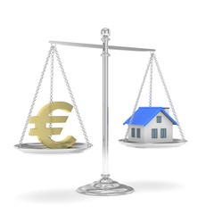 Isolated silver scales with golden euro and house on white background. Investment or savings concept. Real estate and currency. 3D rendering.
