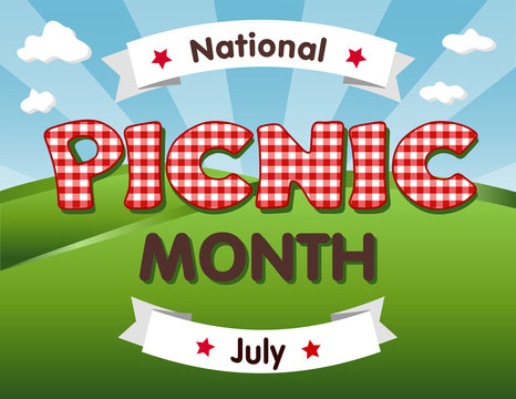 Picnic Month, national USA holiday in July celebrates the love of being outside and having a nice relaxing meal together with family and friends, red gingham checks text, blue sky background.