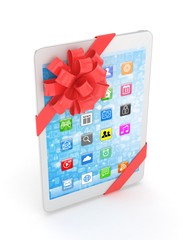 White tablet with red bow and icons. 3D rendering.