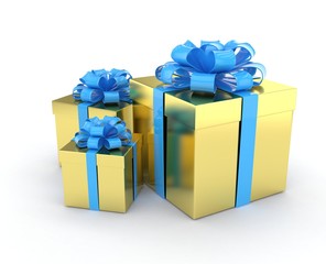 three gift boxes with bows isolated on white. 3d rendering.