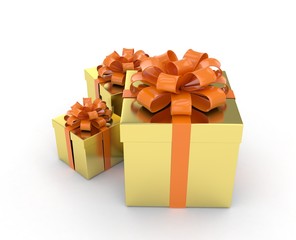 three gift boxes with bows isolated on white. 3d rendering.
