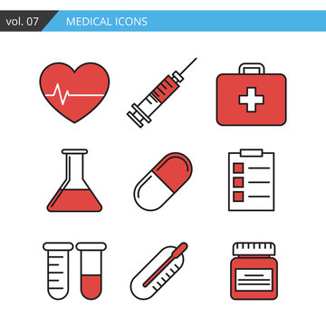 Set of medical icons executed in a linear flat style.