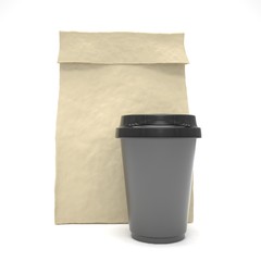 Fototapeta na wymiar Coffee to go and lunch bag, on white. 3d rendering.