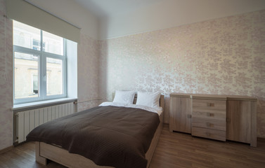 Bedroom in modern apartments.  Interior.