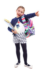 Preschool student girl thumbs up on white background