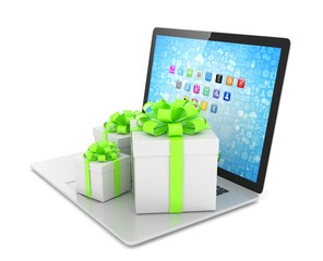 Gift box with ribbon bow on laptop keyboard. 3d rendering.