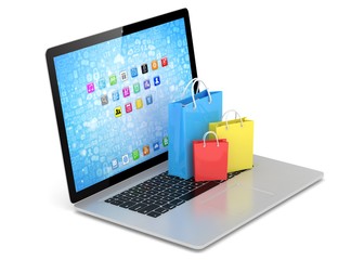 laptop and  shopping pags on white background. 3d rendering.