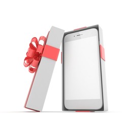 Smartphone in gift box. Isolated on white background. 3d rendering.