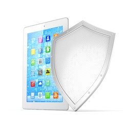 Tablet PC and shield on white device security concept. 3d rendering.