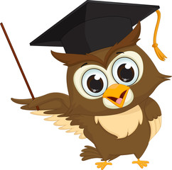 cartoon wise owl with pointer giving educational presentations