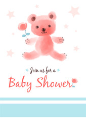 Obraz na płótnie Canvas Baby shower invitation card with cute teddy bear and flower.