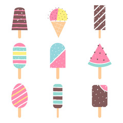 Ice-cream and Popsicle on Sticks. Vector Set
