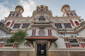 SChettinad, India - October 17, 2013: Chidambara Palace in Kadiapatti. Front view on facade shows...