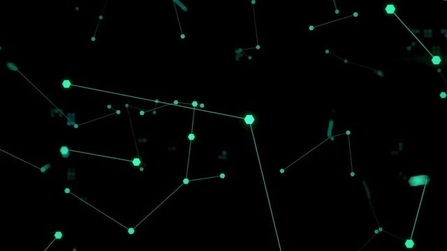 Sci-fi flight through stream of connecting hexagons. Fly through data visualised with hexagons and connections. Seamless loop.