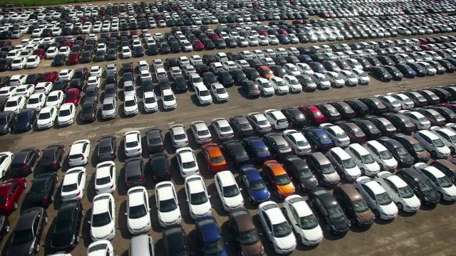 Aerial view of storage parking with new unsold cars