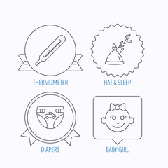 Thermometer, diapers and sleep hat icons.