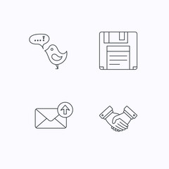 Outbox mail, message and handshake icons.