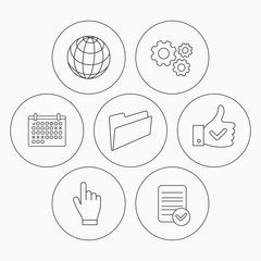 Folder, press hand and world globe icons.