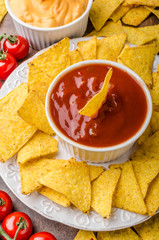Tortilla chips with two dips