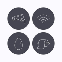 Wi-fi, video monitoring and water drop icons.
