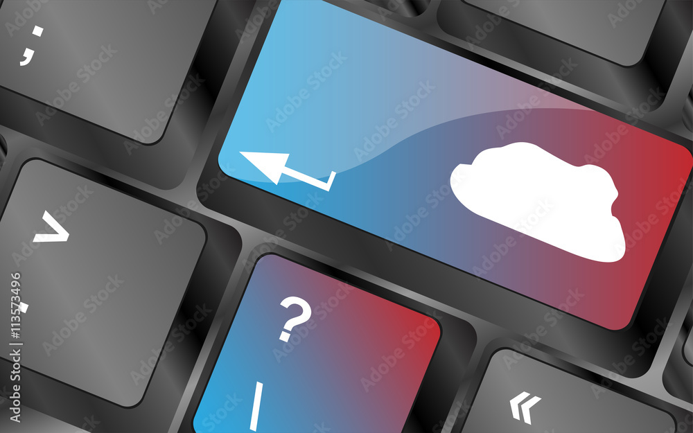 Poster enter the cloud with a cloud computing key on computer keyboard . keyboard keys. vector illustration