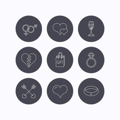 Love heart, gift box and wedding ring icons.